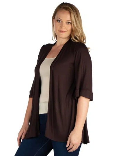 24seven Comfort Apparel Elbow Length Sleeve Open Front Cardigan In Brown
