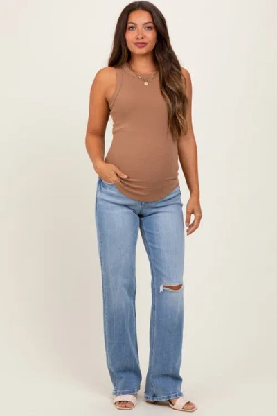 Pinkblush Distressed Knee Slim Fit Wide Leg Maternity Jeans In Blue