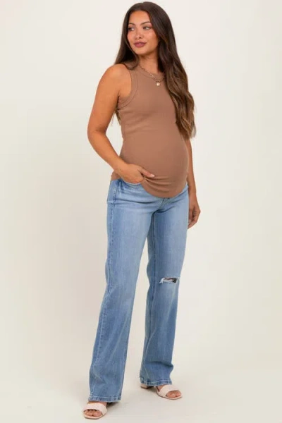 Pinkblush Distressed Knee Slim Fit Wide Leg Maternity Jeans In Blue