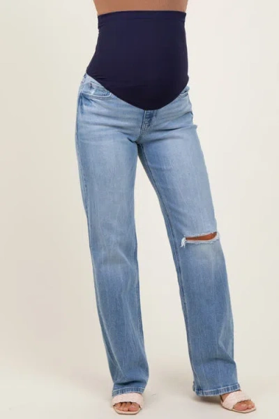 Pinkblush Distressed Knee Slim Fit Wide Leg Maternity Jeans In Blue