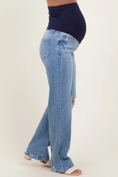 Pinkblush Distressed Knee Slim Fit Wide Leg Maternity Jeans In Blue