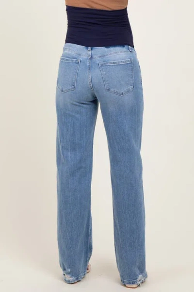 Pinkblush Distressed Knee Slim Fit Wide Leg Maternity Jeans In Blue