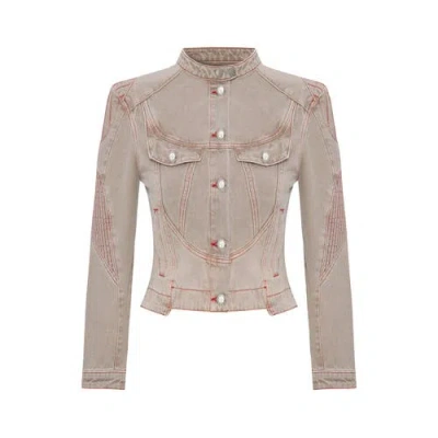 Pcfg Pure Cotton Faded Motorcycle Denim Jacket In Sand