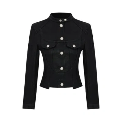 Pcfg Pure Cotton Shiny Coated Women Denim Jacket In Black