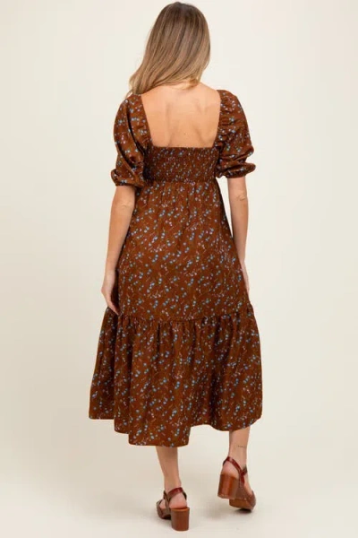 Pinkblush Floral Sweetheart Puff Sleeve Midi Dress In Brown