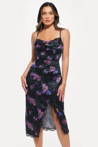 Popilush Lace Trim Sculpting Floral-print Midi Dress In Blue