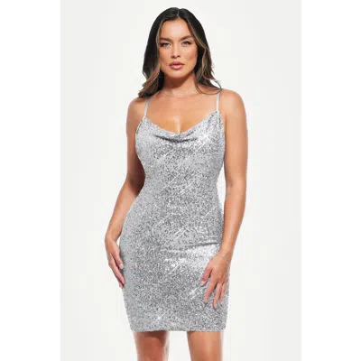 Popilush Sequin Cowl Neck Sculpting Mini Dress In Gray