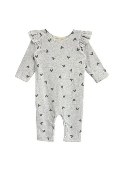 Mabel + Honey Mabel And Honey Heartfelt Romper, Grey Scattered-heart Ruffled-shoulder Baby Girl Romp In Gray