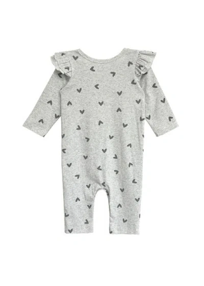 Mabel + Honey Mabel And Honey Heartfelt Romper, Grey Scattered-heart Ruffled-shoulder Baby Girl Romp In Gray