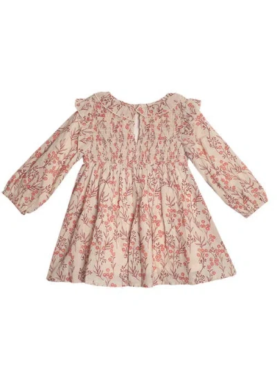 Mabel + Honey Autumn Floral Tan Long Sleeve Dress In Pink
