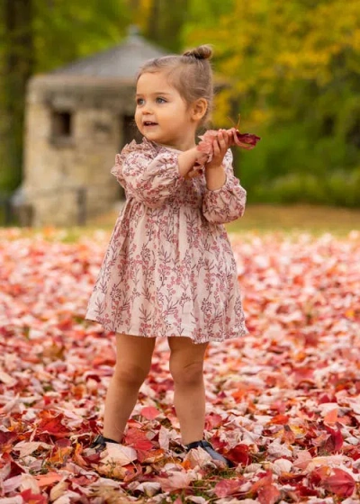 Mabel + Honey Autumn Floral Tan Long Sleeve Dress In Pink