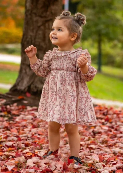 Mabel + Honey Autumn Floral Tan Long Sleeve Dress In Pink