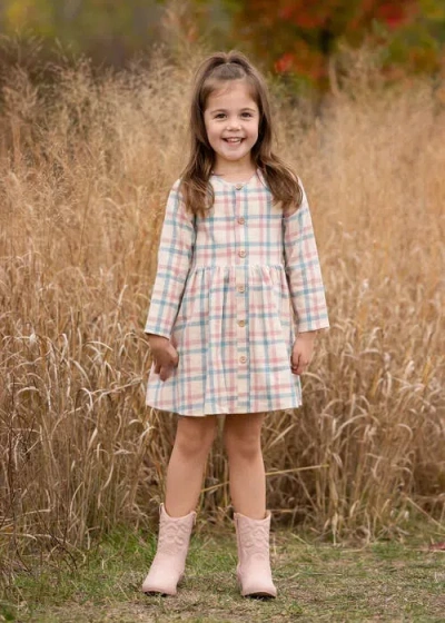 Mabel + Honey Mabel And Honey Phoebe Toddler Long-sleeve Plaid Dress With Wood-style Buttons, Pink. In Neutral