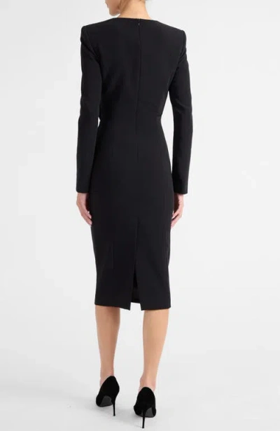 Santorelli Maya Long Sleeve Midi Dress With Dramatic Floral Applique In Stretch Crepe In Black
