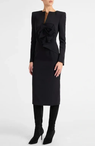 Santorelli Maya Long Sleeve Midi Dress With Dramatic Floral Applique In Stretch Crepe In Black