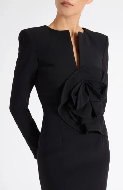 Santorelli Maya Long Sleeve Midi Dress With Dramatic Floral Applique In Stretch Crepe In Black