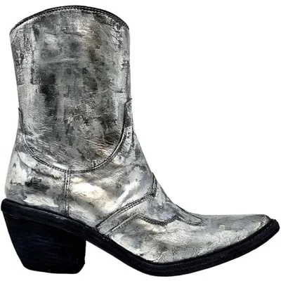 Madison Maison Laminated Pointy Toe Ankle Boot In Silver
