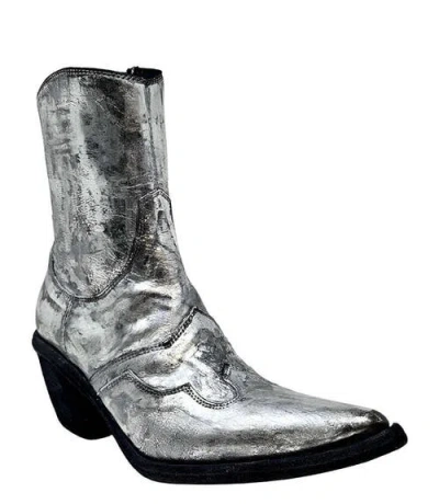Madison Maison Laminated Pointy Toe Ankle Boot In Silver