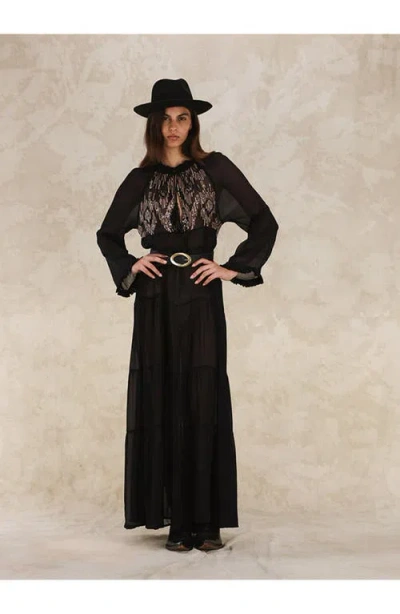 Fortela Arsia Embroidered Silk Chiffon Kaftan Dress In Black