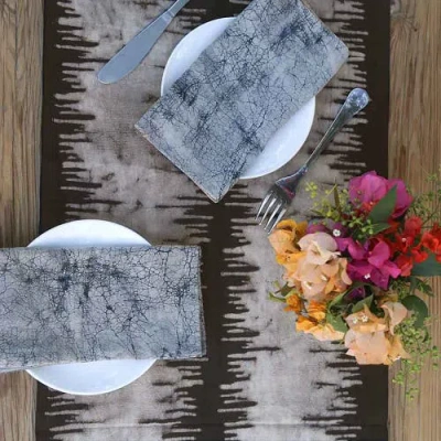 Ichcha Neutral Block Print Table Runner In Black