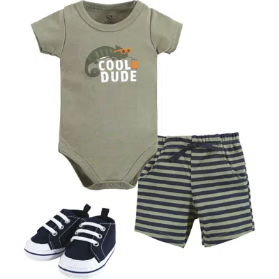 Hudson Baby Cotton Bodysuit, Shorts And Shoe Set In Green