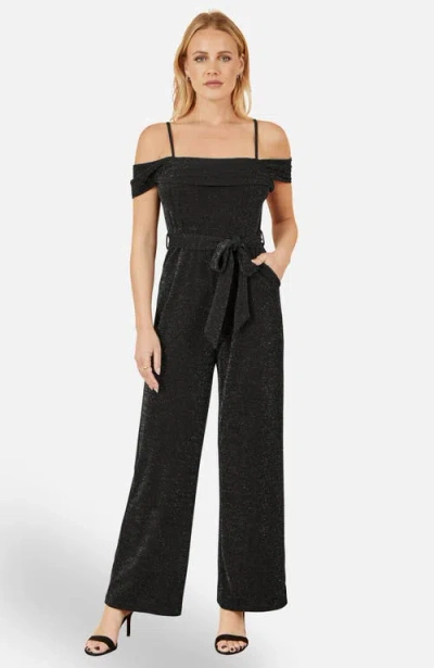 Yumi Sparkle Stretch Bardot Jumpsuit In Black
