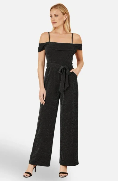 Yumi Sparkle Stretch Bardot Jumpsuit In Black