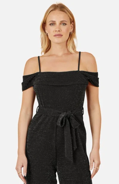 Yumi Sparkle Stretch Bardot Jumpsuit In Black