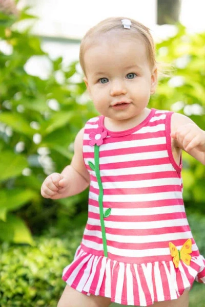 Florence Eiseman Stripe Knit Romper With Flower In Pink