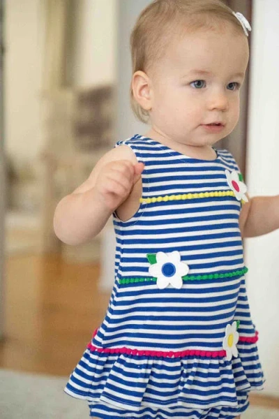 Florence Eiseman Stripe Knit Romper With Pom Poms & Flowers In Blue