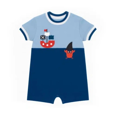 Florence Eiseman Knit Shortall With Pirate Ship & Crab In Blue