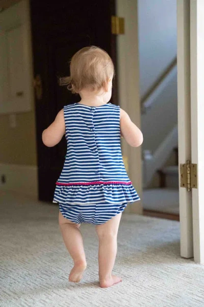 Florence Eiseman Stripe Knit Romper With Pom Poms & Flowers In Blue