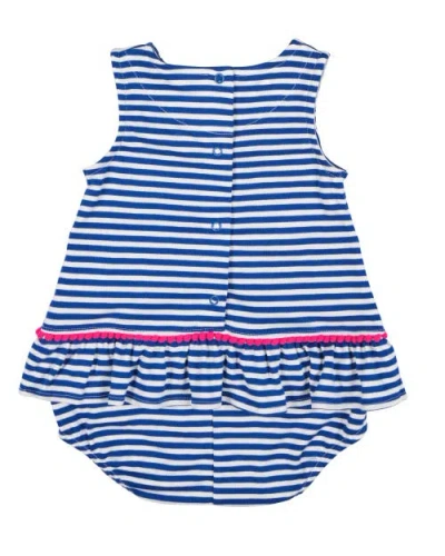 Florence Eiseman Stripe Knit Romper With Pom Poms & Flowers In Blue