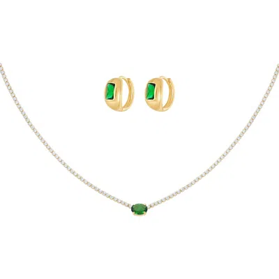 Bearfruit Jewelry 18k Gold Plated Sterling Silver Emerald Rectangle Necklace & Huggies Set Holiday G In Gold