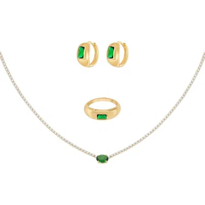 Bearfruit Jewelry 18k Gold Plated Sterling Silver Emerald Rectangle Necklace, Ring & Huggies Set Hol In Gold