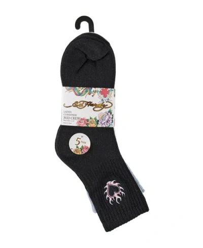 Ed Hardy Womens Heart Skull Embroidery Half Cushion Mid Crew Sock 5-pack In Multi