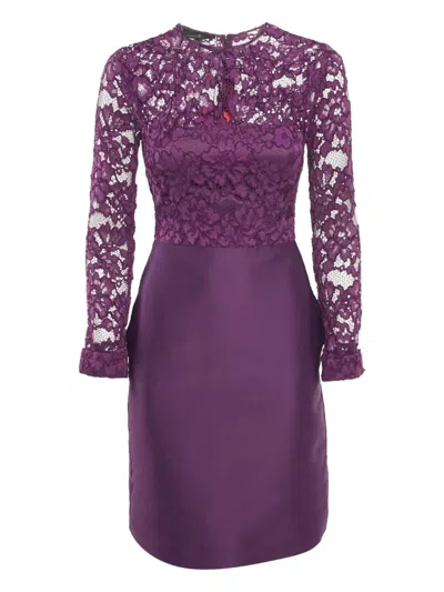 Pre-owned Carolina Herrera Vintage Lace Satin Dress In Purple