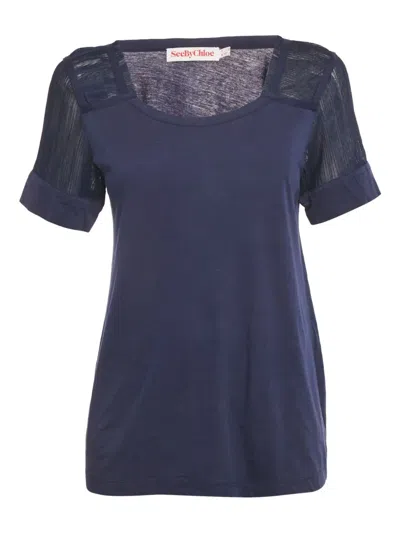 Pre-owned See By Chloé Vintage Tulle-insert Top In Blue