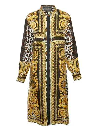 Pre-owned Versace Baroque-print Silk Dress In Yellow