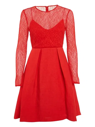 Pre-owned Sandro Floral-lace Pleat-detail Dress In Red
