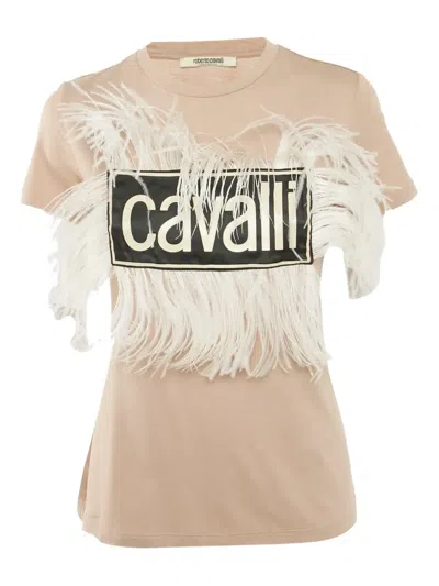 Pre-owned Roberto Cavalli Feather-trimmed Logo T-shirt In Neutral