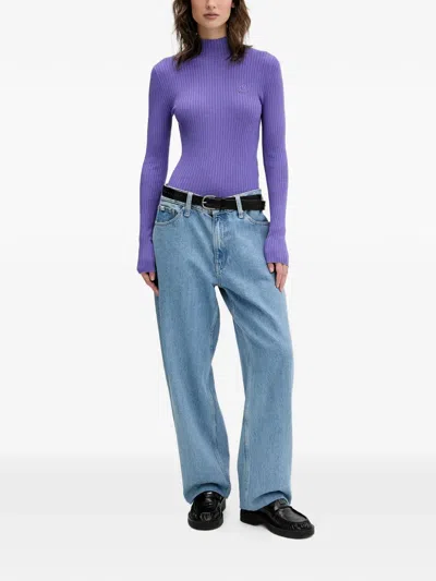 Hugo Boss Mock-neck Ribbed Sweater In Purple