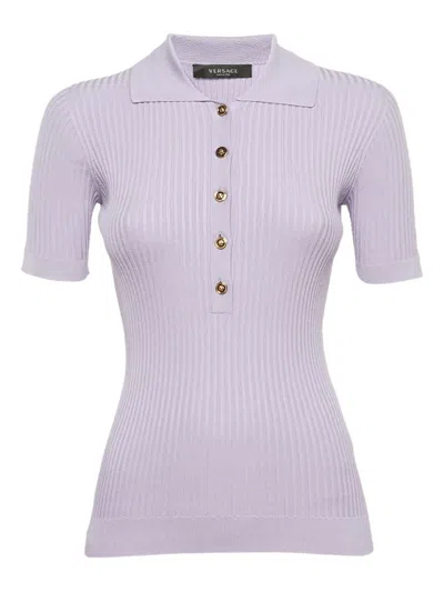 Pre-owned Versace Rib-knit Polo Top In Purple