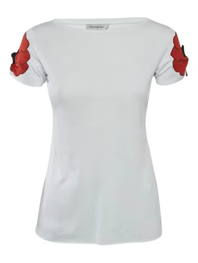 Pre-owned Saint Laurent Floral-appliqué Cotton Top In White