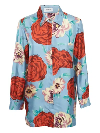Pre-owned Ferragamo Rose-print Buttoned Shirt In Blue