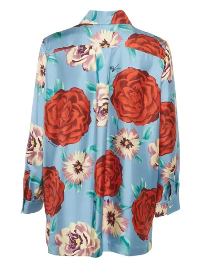 Pre-owned Ferragamo Rose-print Buttoned Shirt In Blue
