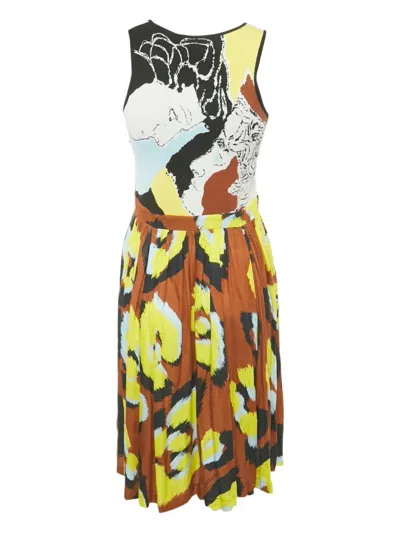 Pre-owned Just Cavalli Abstract-print Pleated Dress In Brown