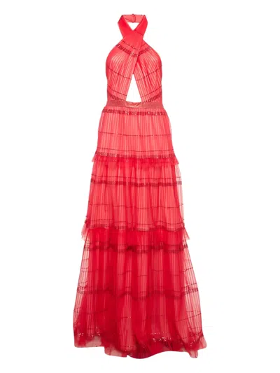 Pre-owned Tadashi Shoji Tiered Sequin-embellished Tulle Gown In Red