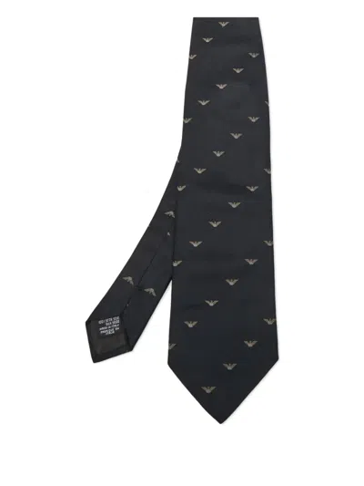 Pre-owned Emporio Armani Eagle-motif Silk Tie In Black