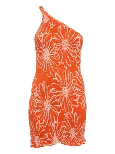 Pre-owned Faithfull The Brand Floral-print Smocked Mini Dress In Orange